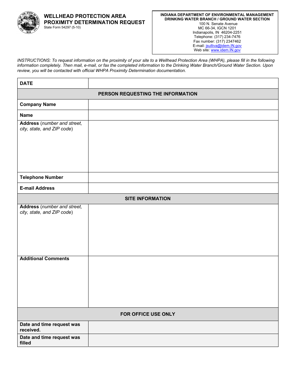 State Form 54297 Wellhead Protection Area Proximity Determination Request - Indiana, Page 1