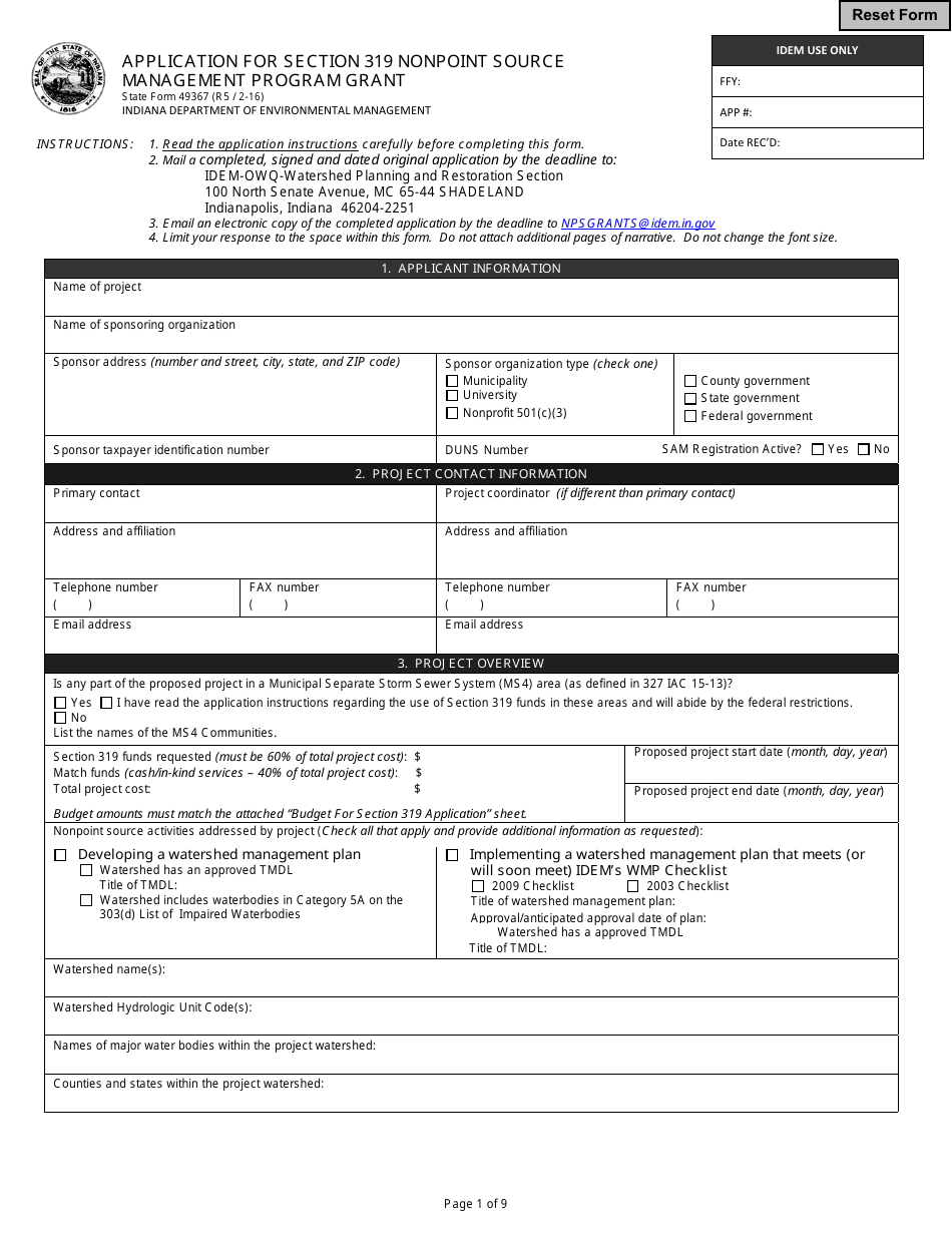 State Form 49367 Application for Section 319 Nonpoint Source Management Program Grant - Indiana, Page 1