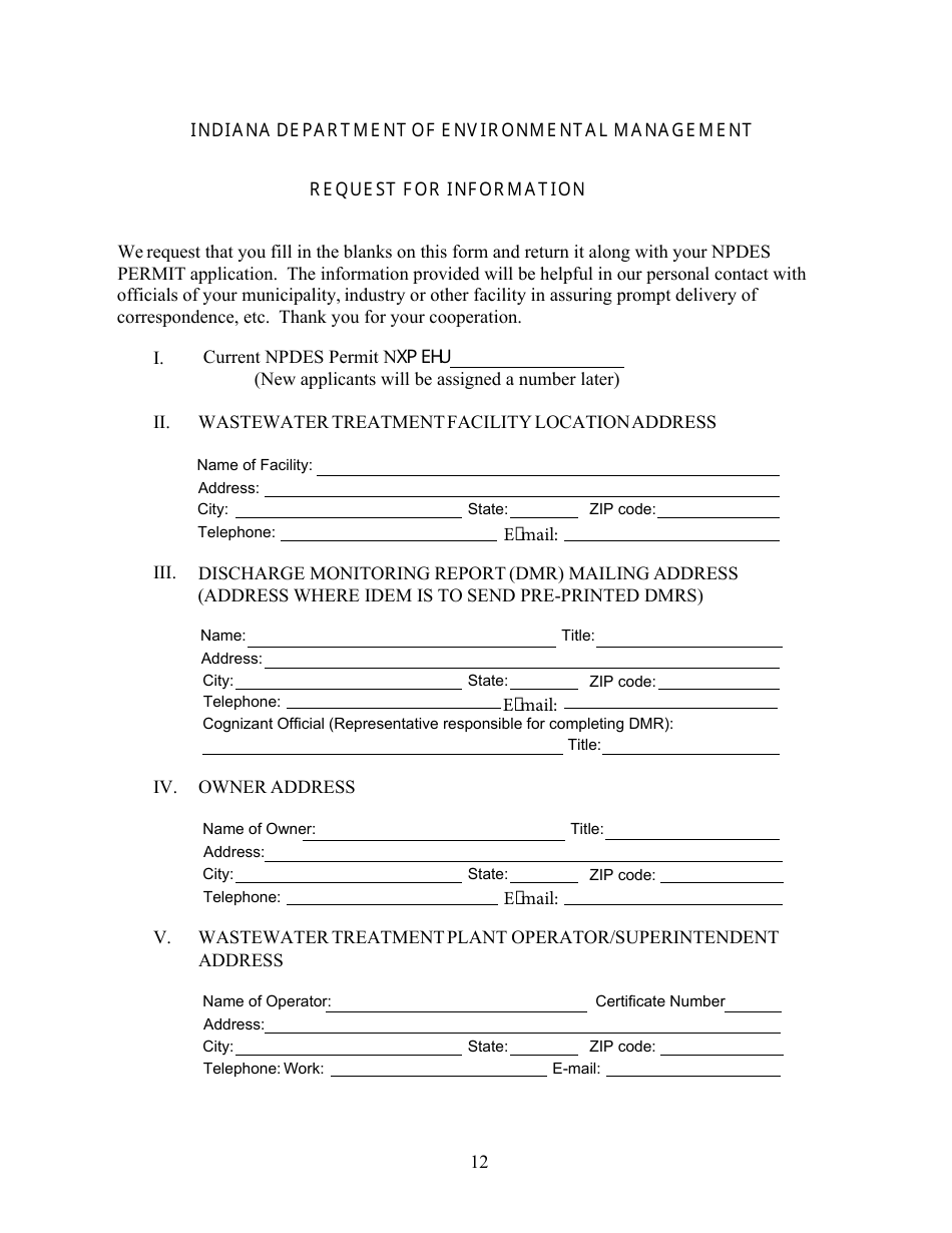 State Form 55639 National Pollutant Discharge Elimination System (Npdes) Permit Application Package 2e for Permit to Discharge Wastewater Proposed or Existing Nonprocess Wastewater Only Dischargers - Indiana, Page 12