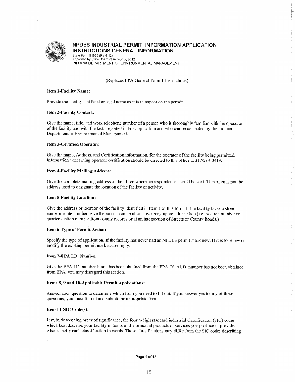 State Form 55639 National Pollutant Discharge Elimination System (Npdes) Permit Application Package 2e for Permit to Discharge Wastewater Proposed or Existing Nonprocess Wastewater Only Dischargers - Indiana, Page 15
