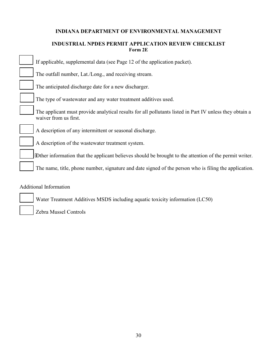 State Form 55639 National Pollutant Discharge Elimination System (Npdes) Permit Application Package 2e for Permit to Discharge Wastewater Proposed or Existing Nonprocess Wastewater Only Dischargers - Indiana, Page 30
