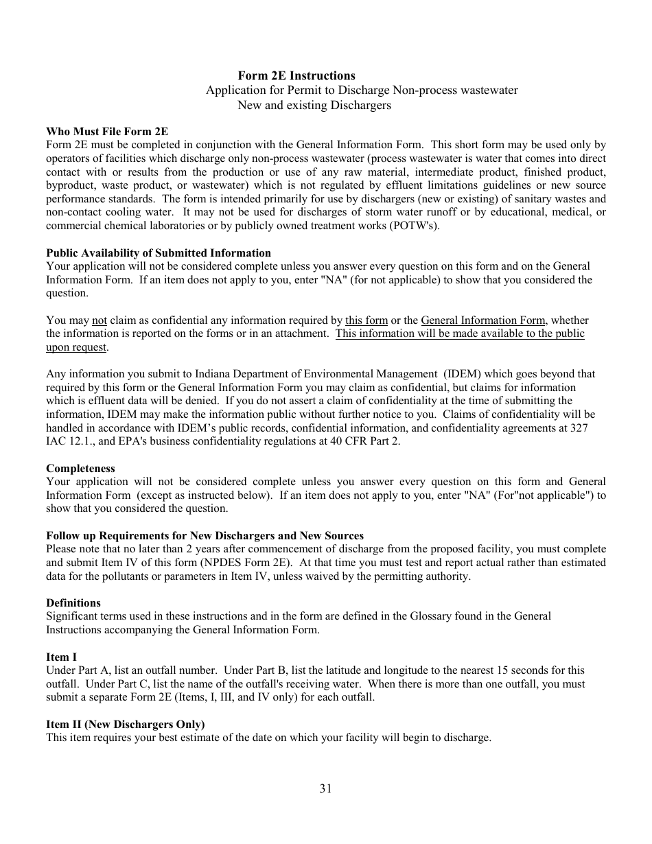 State Form 55639 National Pollutant Discharge Elimination System (Npdes) Permit Application Package 2e for Permit to Discharge Wastewater Proposed or Existing Nonprocess Wastewater Only Dischargers - Indiana, Page 31