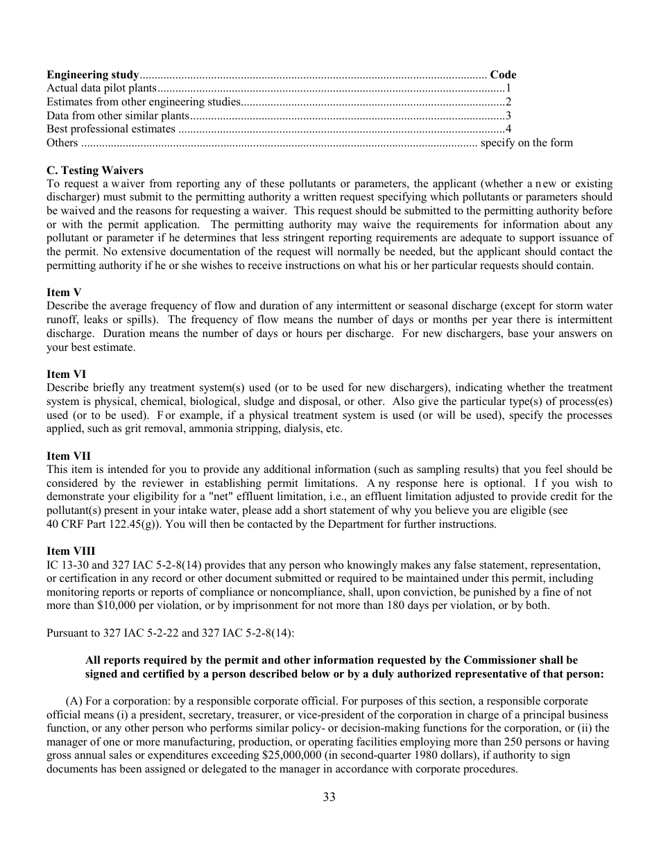 State Form 55639 National Pollutant Discharge Elimination System (Npdes) Permit Application Package 2e for Permit to Discharge Wastewater Proposed or Existing Nonprocess Wastewater Only Dischargers - Indiana, Page 33