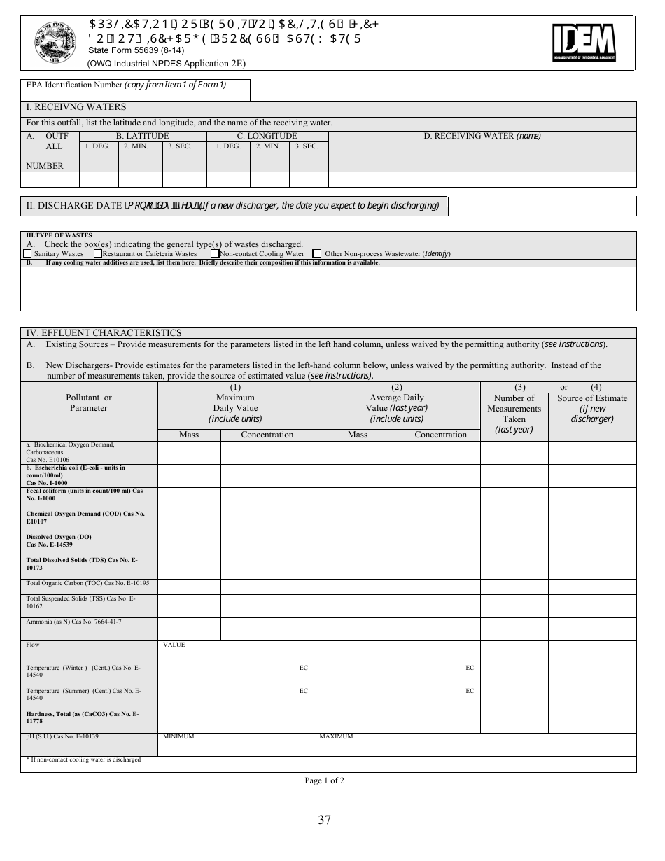 State Form 55639 National Pollutant Discharge Elimination System (Npdes) Permit Application Package 2e for Permit to Discharge Wastewater Proposed or Existing Nonprocess Wastewater Only Dischargers - Indiana, Page 37