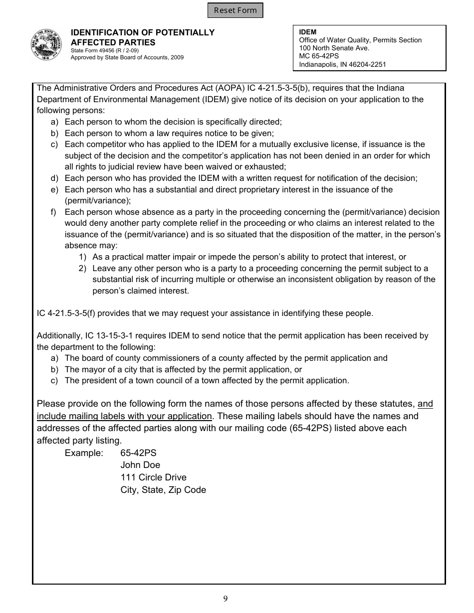 State Form 55639 National Pollutant Discharge Elimination System (Npdes) Permit Application Package 2e for Permit to Discharge Wastewater Proposed or Existing Nonprocess Wastewater Only Dischargers - Indiana, Page 9