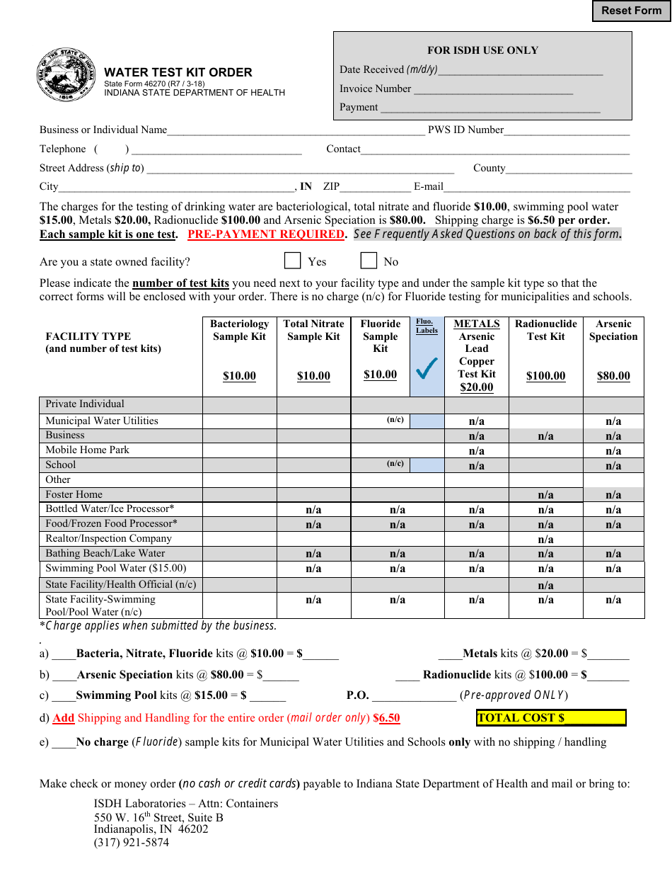 State Form 46270 Water Test Kit Order - Indiana, Page 1