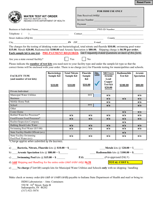 State Form 46270 Water Test Kit Order - Indiana