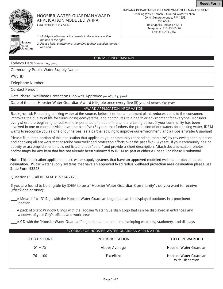 State Form 55411 Hoosier Water Guardian Award Application Modeled Whpa - Indiana, Page 1