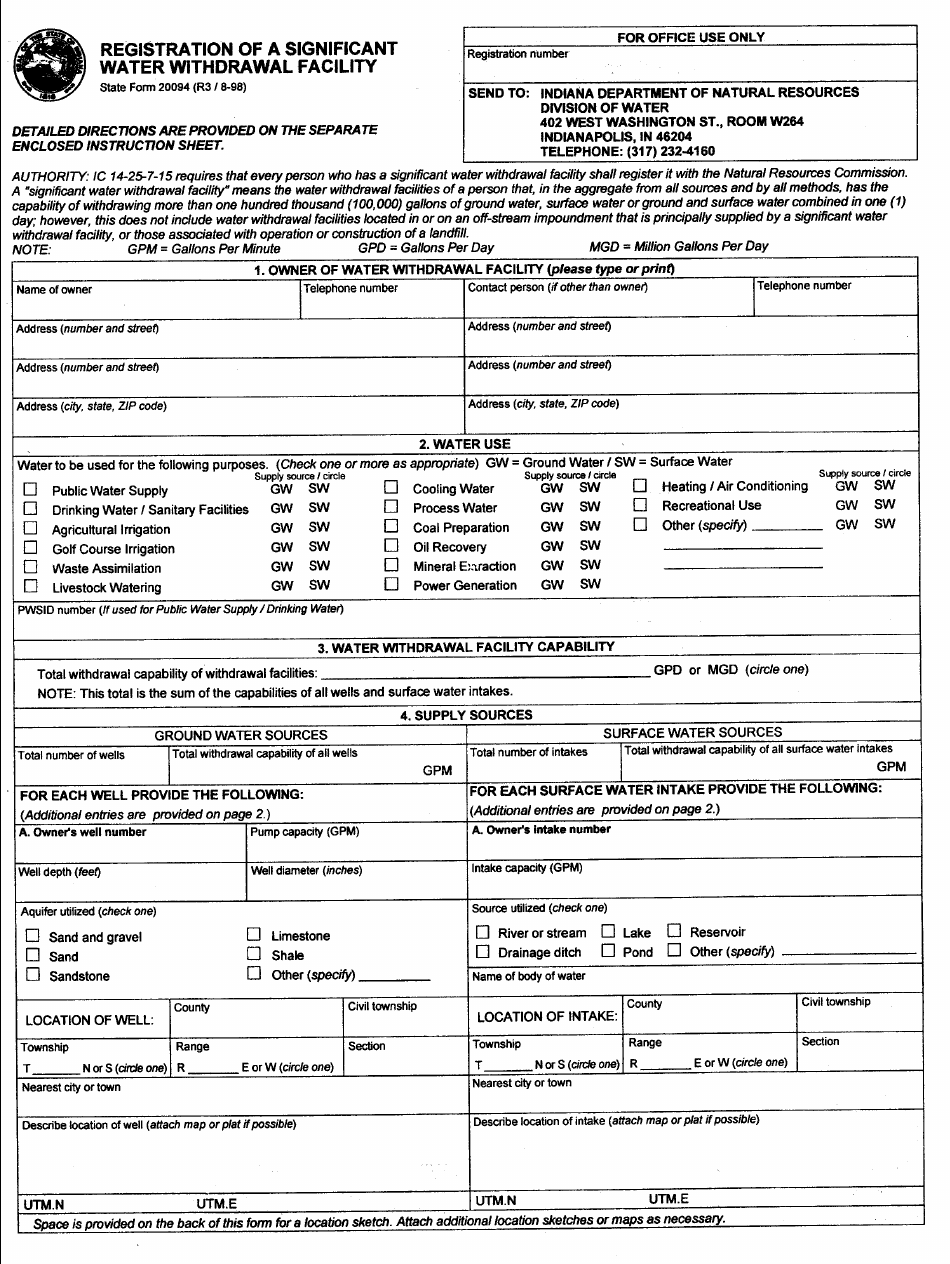 State Form 20094 Registration of a Significant Water Withdrawal Facility - Indiana, Page 4