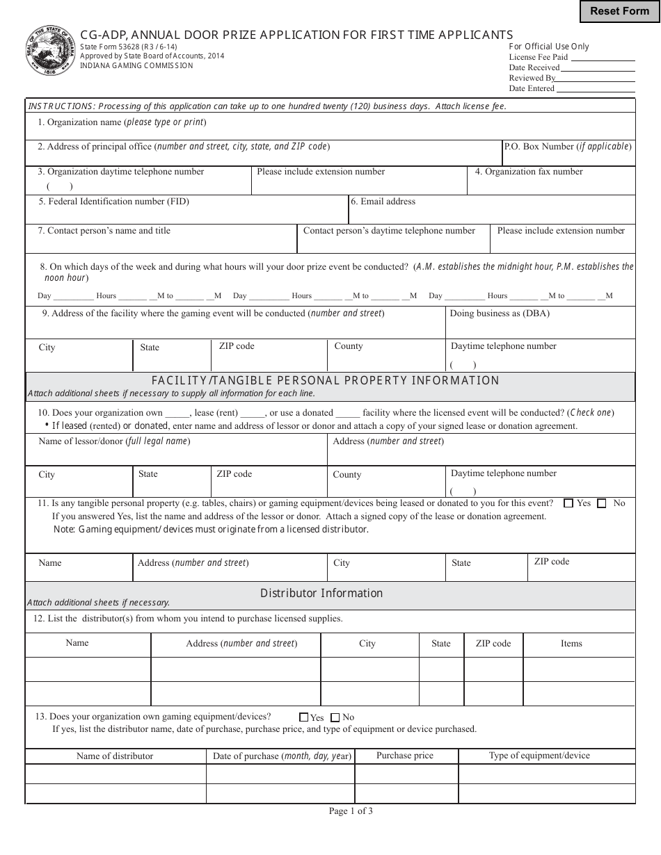 State Form 53628 (CG-ADP) Annual Door Prize Application for First Time Applicants - Indiana, Page 1