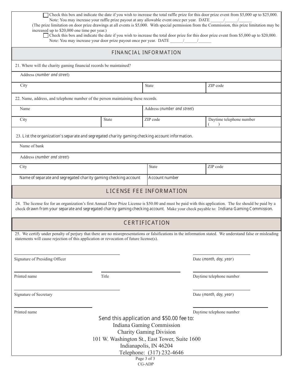 State Form 53628 (CG-ADP) Annual Door Prize Application for First Time Applicants - Indiana, Page 3