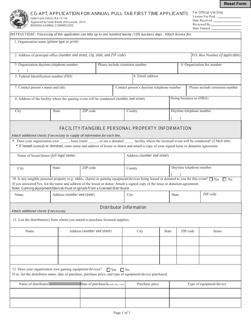 State Form 53632 (CG-APT) Application for Annual Pull Tab First Time Applicants - Indiana, Page 1