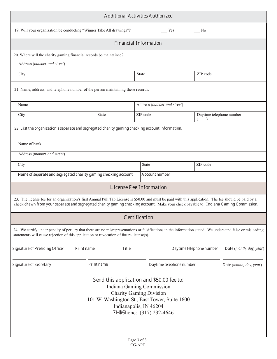 State Form 53632 (CG-APT) Application for Annual Pull Tab First Time Applicants - Indiana, Page 3