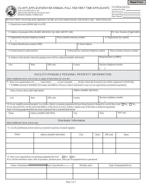 State Form 53632 (CG-APT) Application for Annual Pull Tab First Time Applicants - Indiana