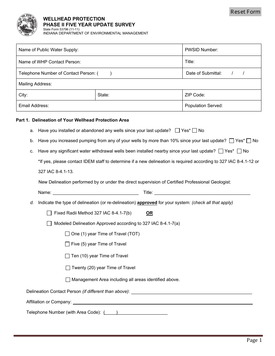 State Form 53796 Wellhead Protection Phase II Five Year Update Survey - Indiana, Page 1