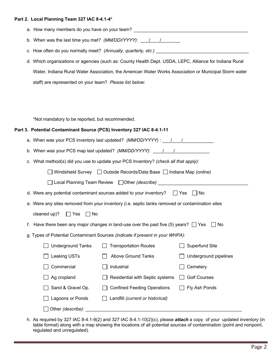 State Form 53796 Wellhead Protection Phase II Five Year Update Survey - Indiana, Page 2