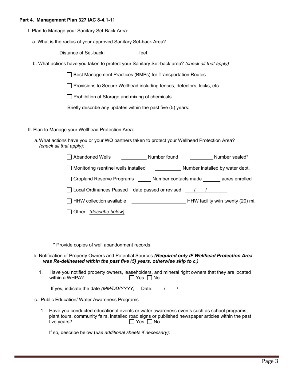 State Form 53796 Wellhead Protection Phase II Five Year Update Survey - Indiana, Page 3