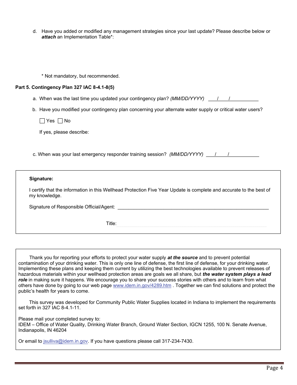 State Form 53796 Wellhead Protection Phase II Five Year Update Survey - Indiana, Page 4