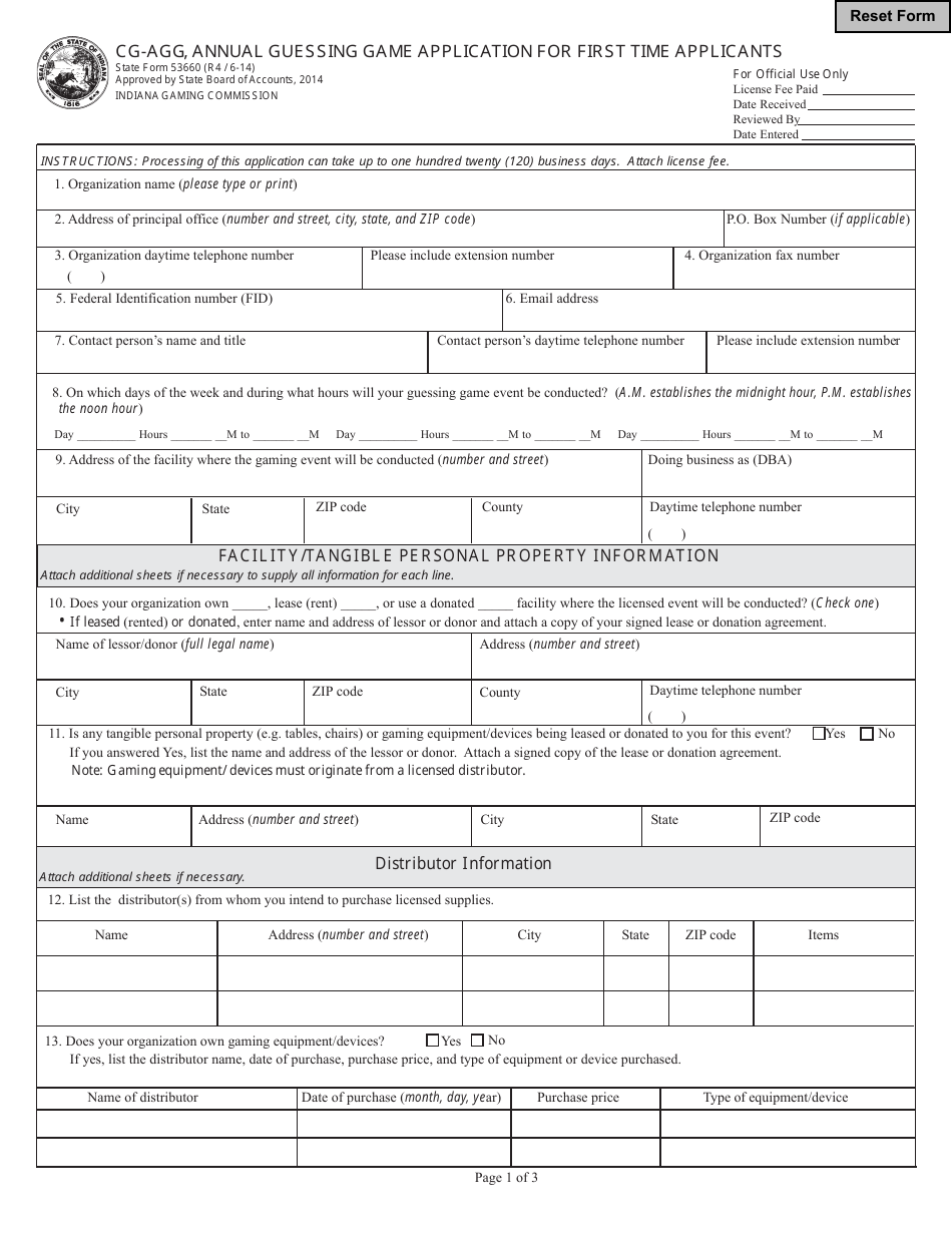 State Form 53660 (CG-AGG) Annual Guessing Game Application for First Time Applicants - Indiana, Page 1