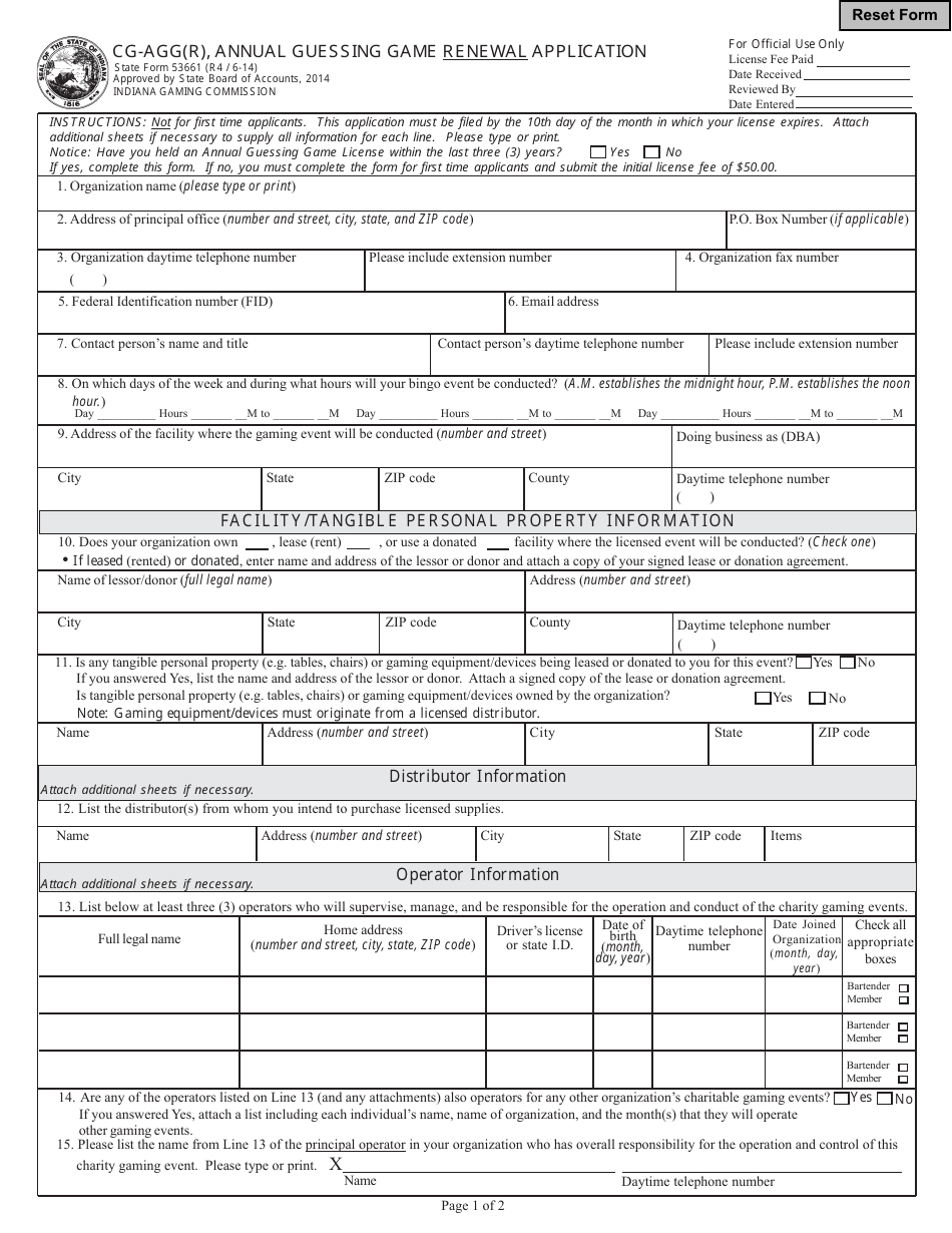 State Form 53661 (CG-AGG(R)) Annual Guessing Game Renewal Application - Indiana, Page 1