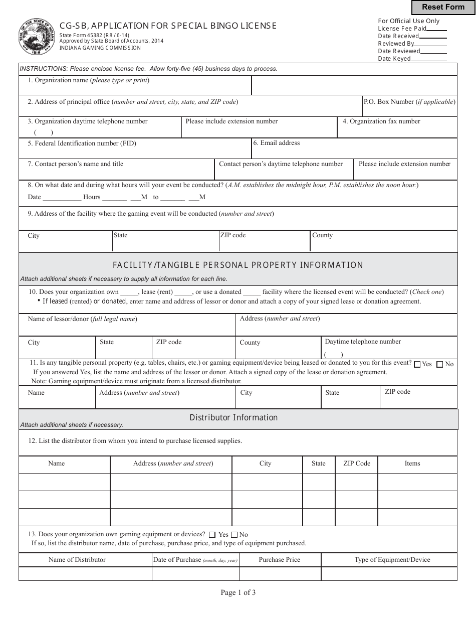 State Form 45382 (CG-SB) Application for Special Bingo License - Indiana, Page 1