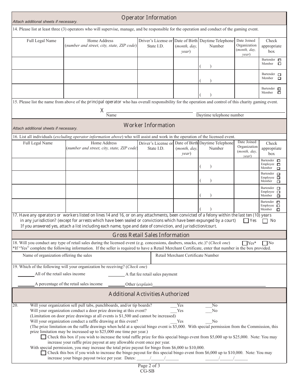 State Form 45382 (CG-SB) Application for Special Bingo License - Indiana, Page 2
