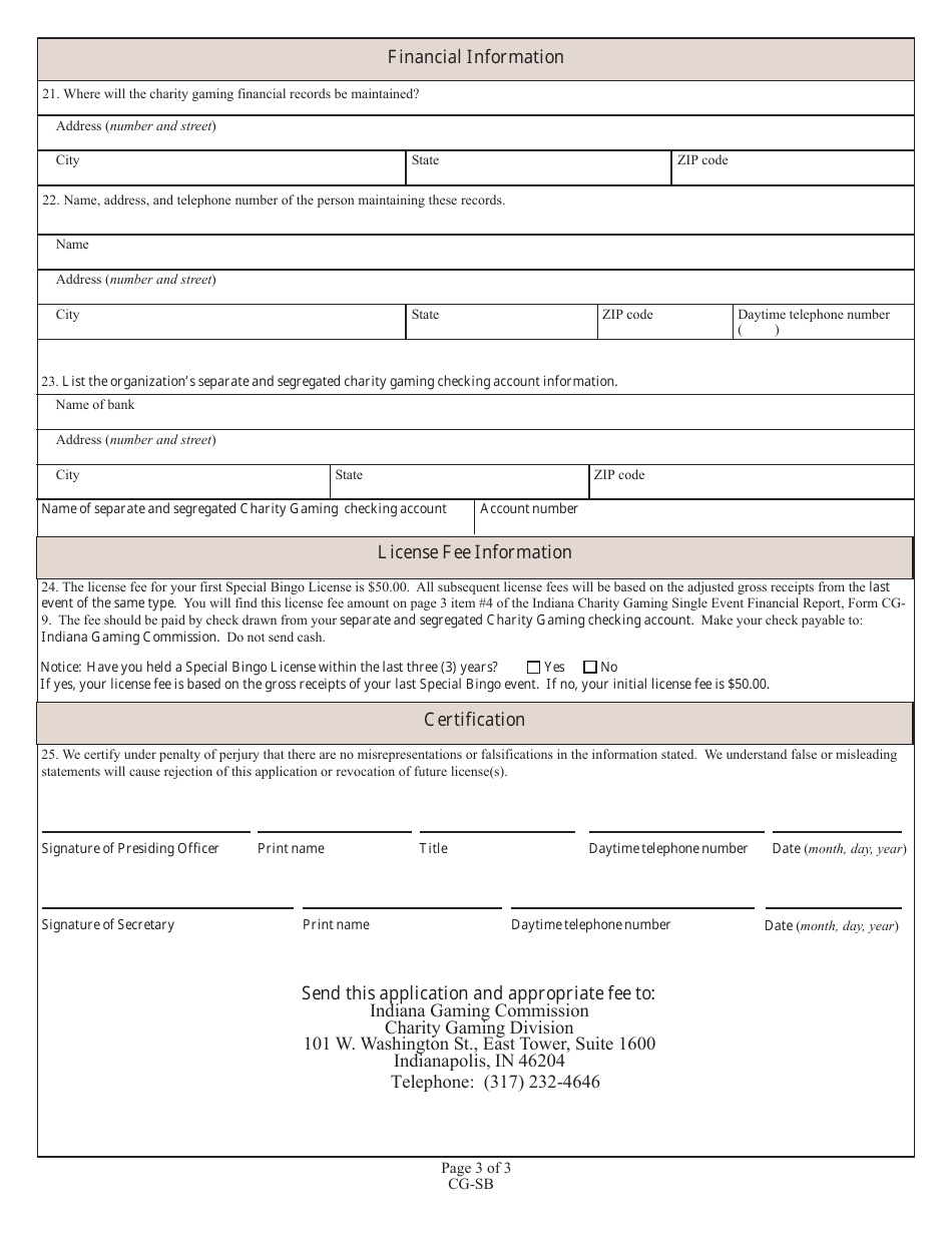 State Form 45382 (CG-SB) Application for Special Bingo License - Indiana, Page 3