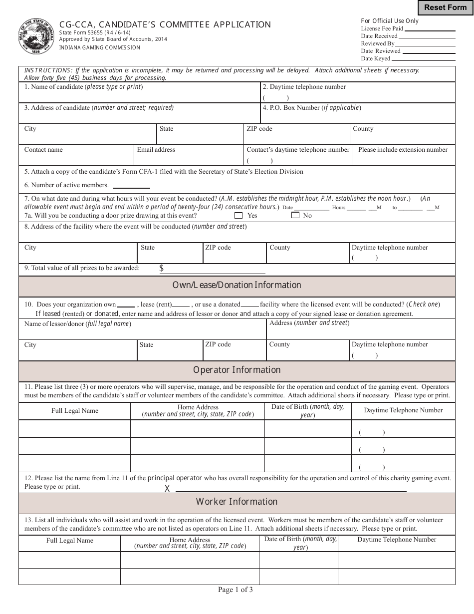 State Form 53655 (CG-CCA) Candidates Committee Application - Indiana, Page 1