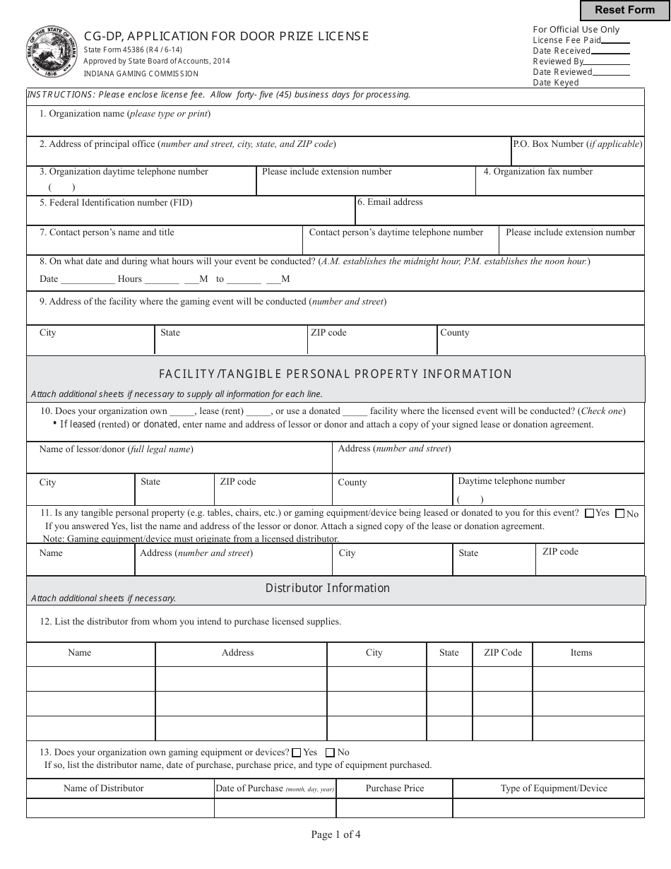 State Form 45386 (CG-DP) Application for Door Prize License - Indiana, Page 1