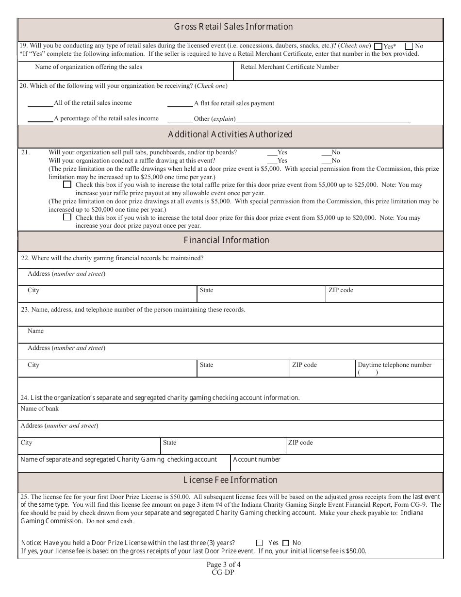 State Form 45386 (CG-DP) Application for Door Prize License - Indiana, Page 3
