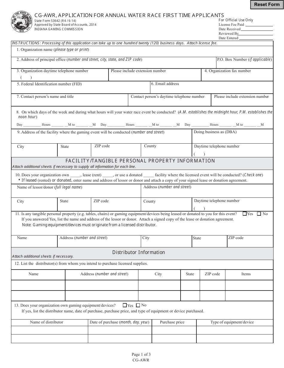 State Form 53642 (CG-AWR) Application for Annual Water Race First Time Applicants - Indiana, Page 1