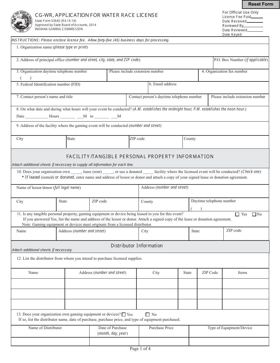 State Form 53645 (CG-WR) Application for Water Race License - Indiana, Page 1