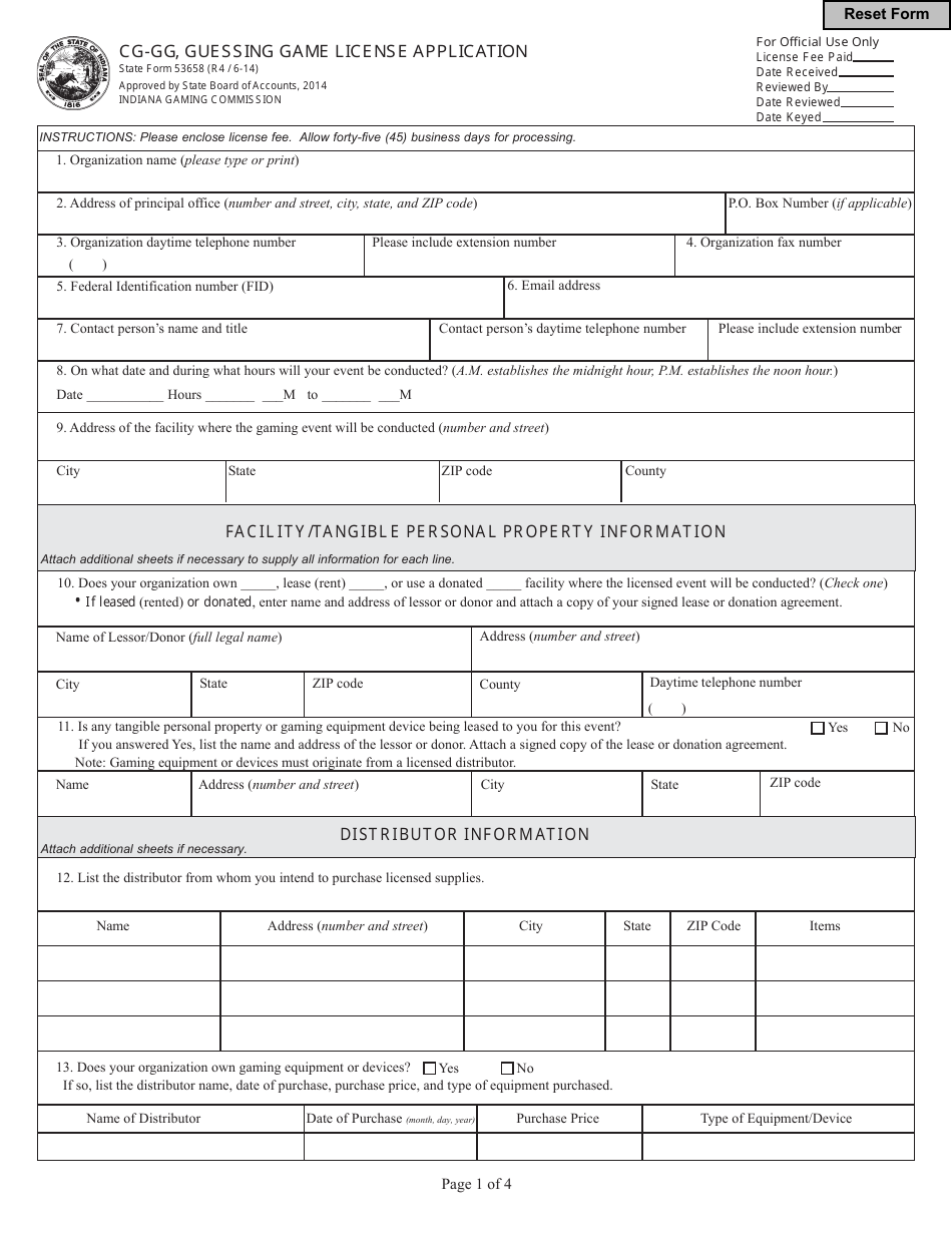 State Form 53658 (CG-GG) Guessing Game License Application - Indiana, Page 1