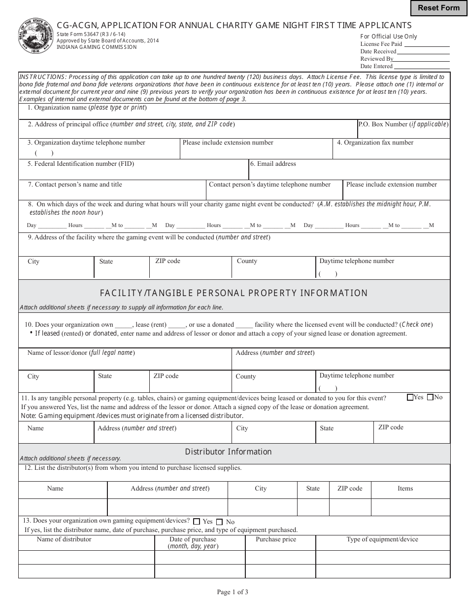 State Form 53647 (CG-ACGN) Application for Annual Charity Game Night First Time Applicants - Indiana, Page 1
