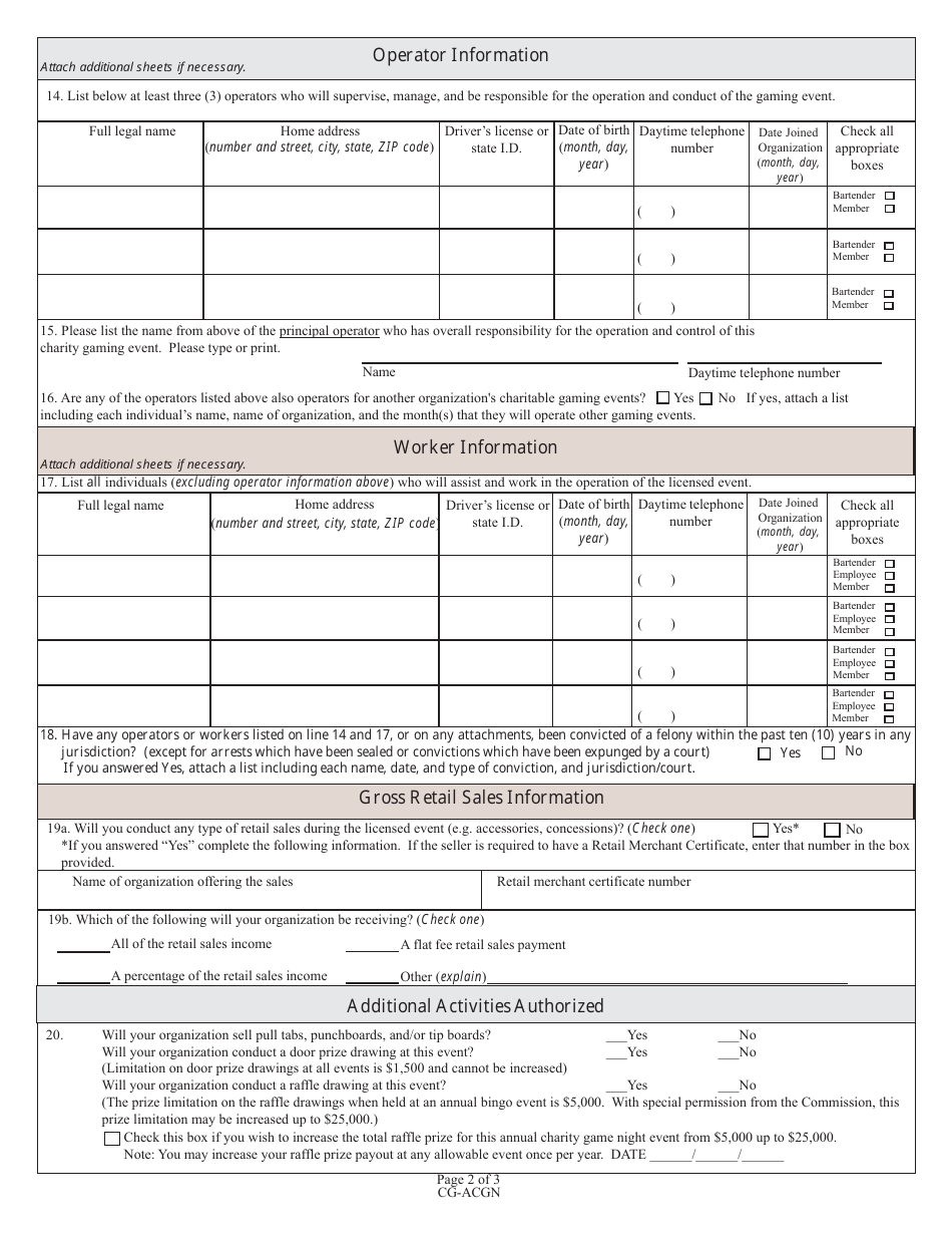 State Form 53647 (CG-ACGN) Application for Annual Charity Game Night First Time Applicants - Indiana, Page 2