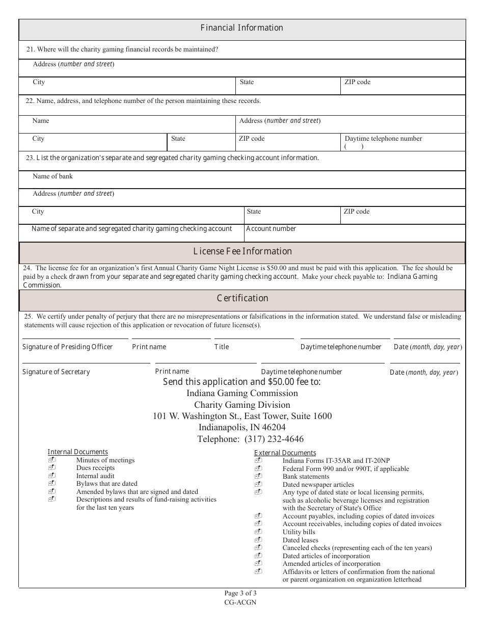 State Form 53647 (CG-ACGN) Application for Annual Charity Game Night First Time Applicants - Indiana, Page 3