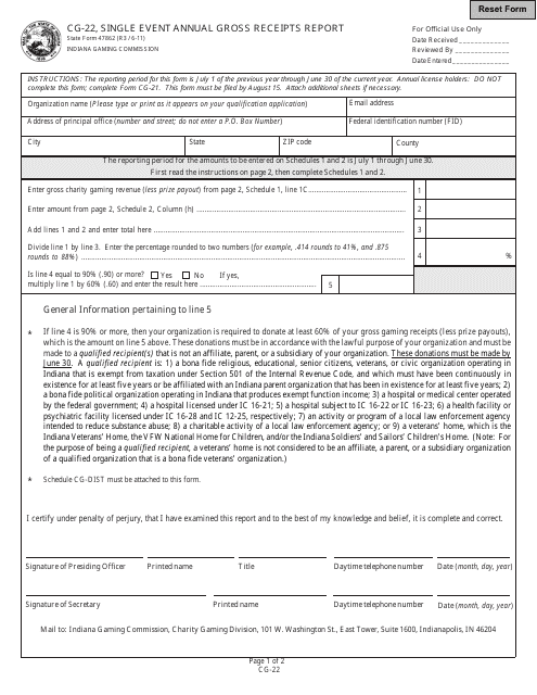 State Form 47862 (CG-22) Single Event Annual Gross Receipts Report - Indiana