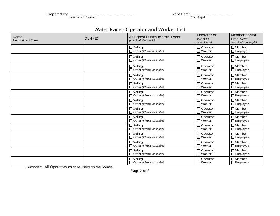 State Form 54733 Water Race - Event Summary Report - Indiana, Page 2