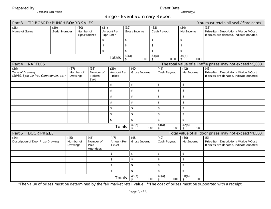 State Form 54736 Bingo - Event Summary Report - Indiana, Page 3
