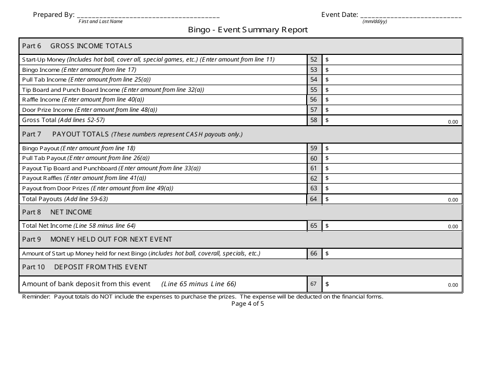 State Form 54736 Bingo - Event Summary Report - Indiana, Page 4