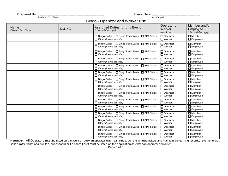 State Form 54736 Bingo - Event Summary Report - Indiana, Page 5