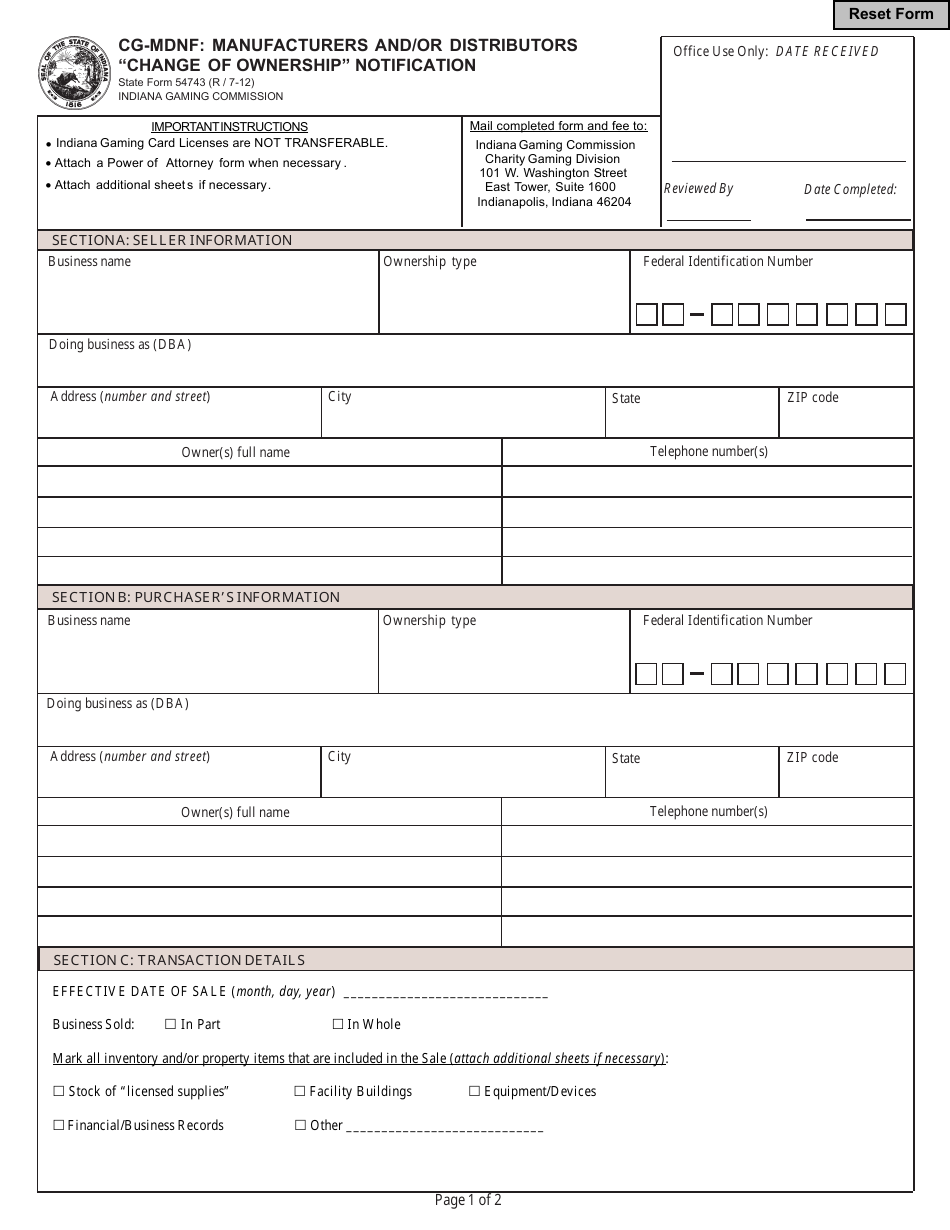 State Form 54743 Cg-Mdnf: Manufacturers and / or Distributors change of Ownership Notification - Indiana, Page 1
