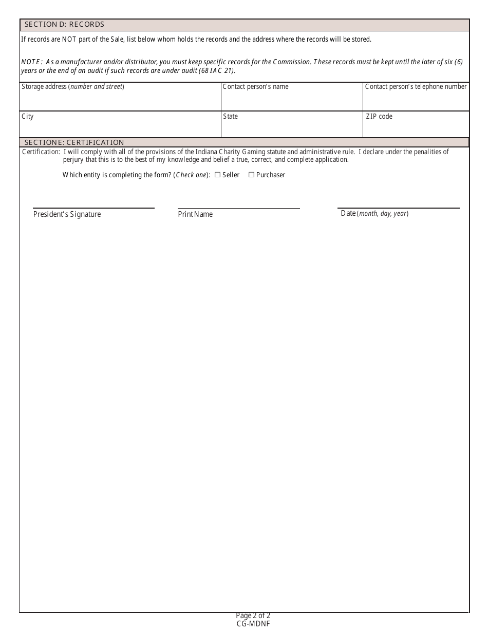 State Form 54743 Cg-Mdnf: Manufacturers and / or Distributors change of Ownership Notification - Indiana, Page 2