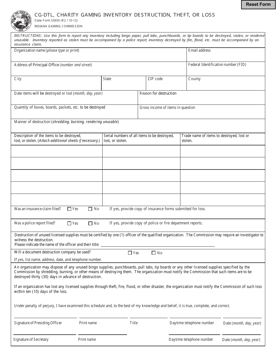 State Form 53650 Cg-Dtl, Charity Gaming Inventory Destruction, Theft, or Loss - Indiana, Page 1