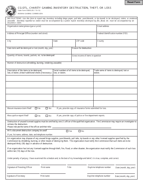 State Form 53650 Cg-Dtl, Charity Gaming Inventory Destruction, Theft, or Loss - Indiana