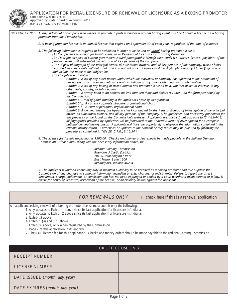 State Form 45726 Application for Initial Licensure or Renewal of Licensure as a Boxing Promoter - Indiana, Page 1