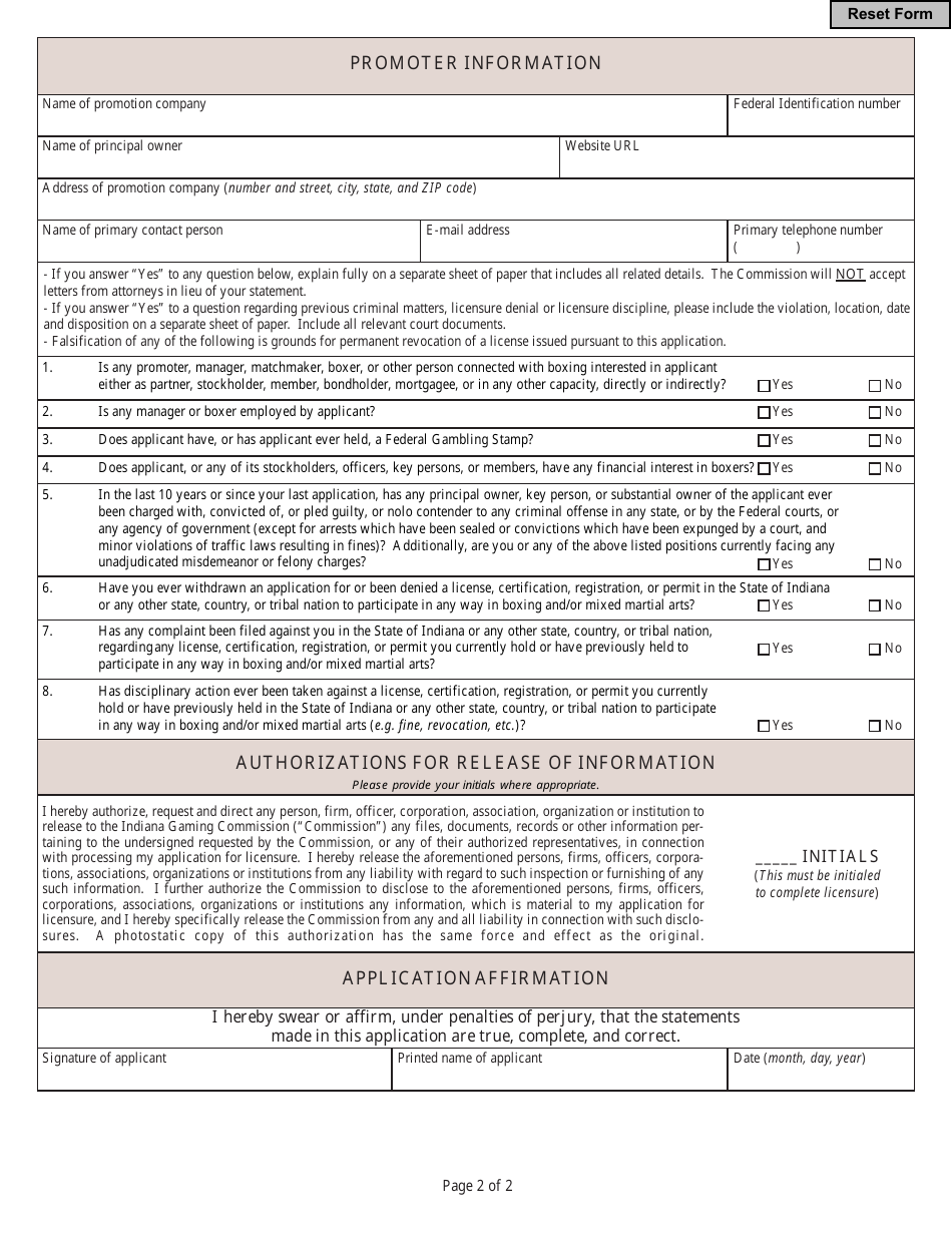 State Form 45726 Application for Initial Licensure or Renewal of Licensure as a Boxing Promoter - Indiana, Page 2