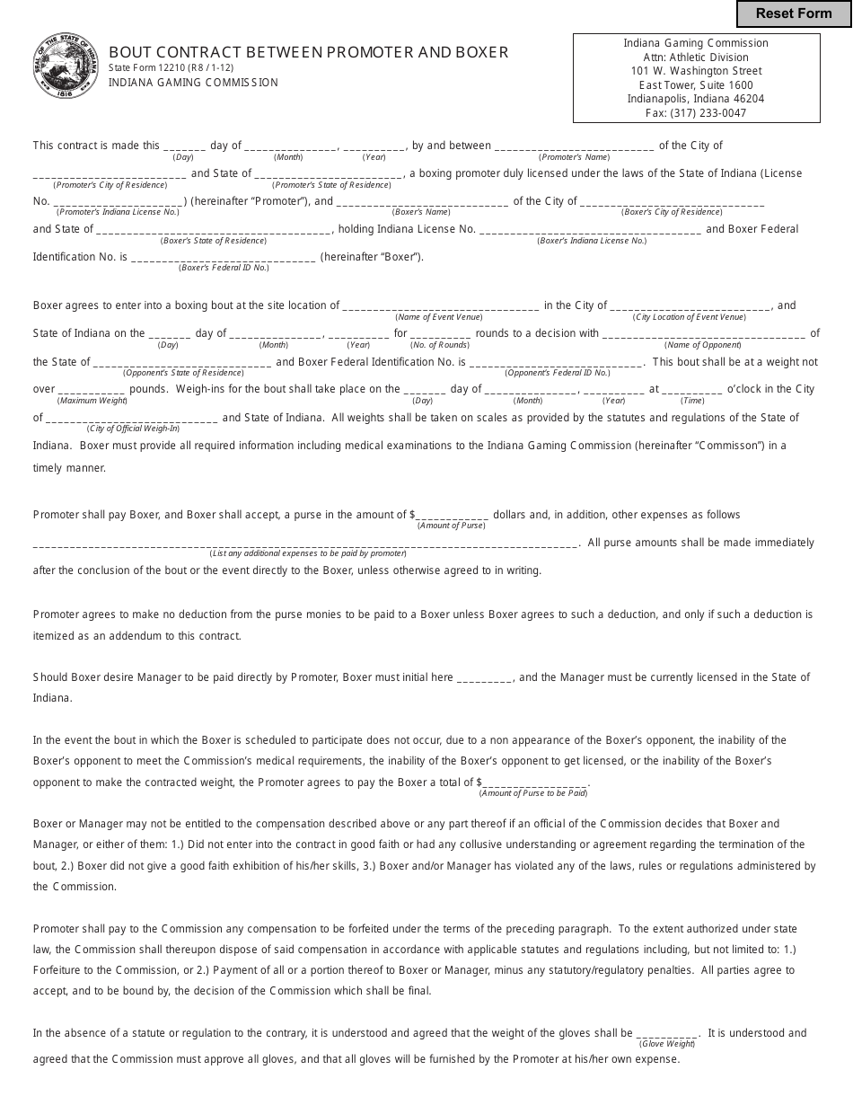 State Form 12210 Bout Contract Between Promoter and Boxer - Indiana, Page 1
