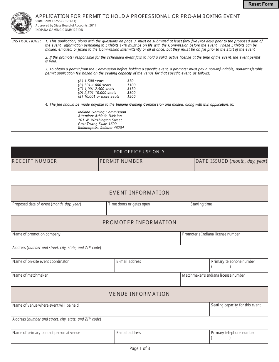 State Form 13255 Application for Permit to Hold a Professional or Pro-Am Boxing Event - Indiana, Page 1