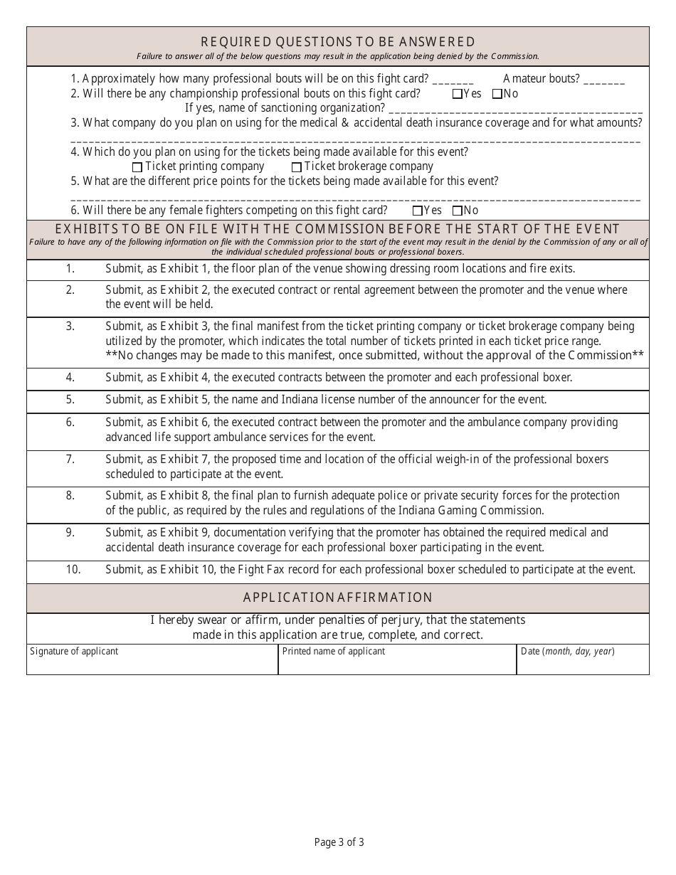 State Form 13255 Application for Permit to Hold a Professional or Pro-Am Boxing Event - Indiana, Page 3